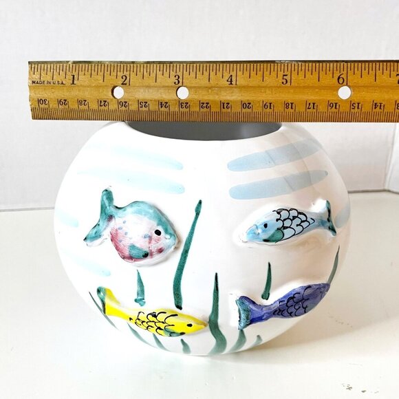 Italian Ceramic Vase with 3D Fish Hand Painted Round Shape Ocean Lake Home Decor - Picture 5 of 7